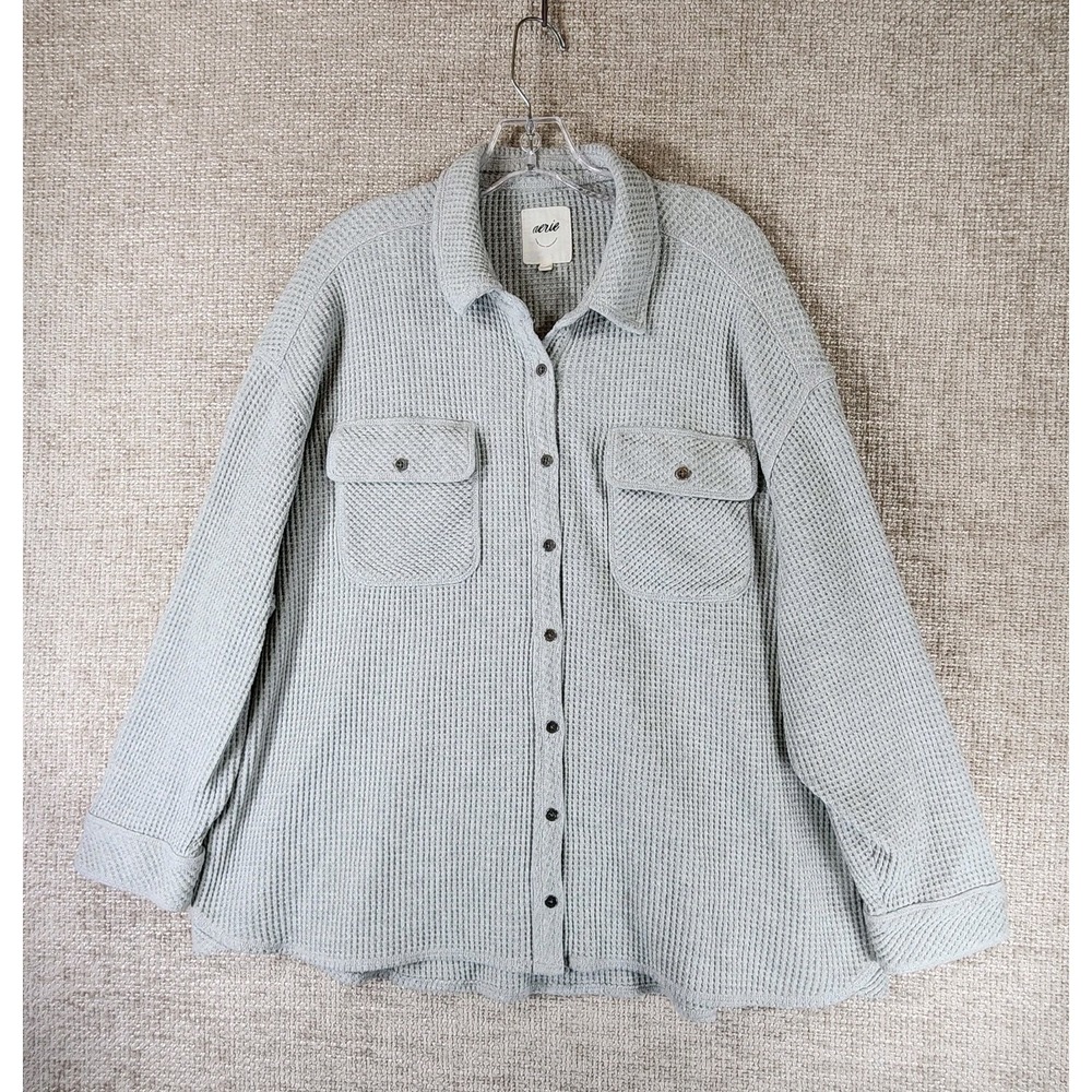 Aerie Lumberjane Waffle Knit Button Shirt Womens L Gray Oversized Long Sleeve